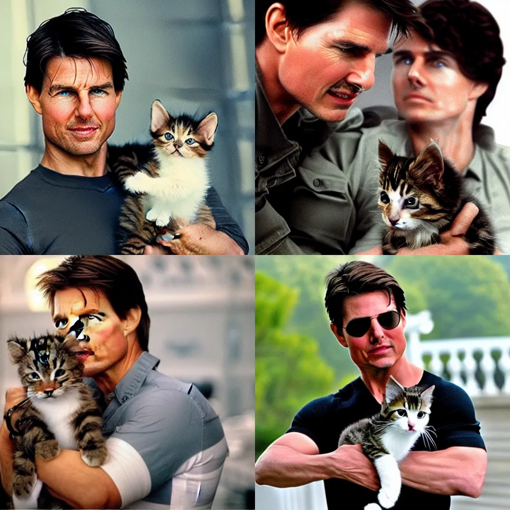 Prompt: Tom Cruise on a Mission Impossible with a cute kitten, photorealistic