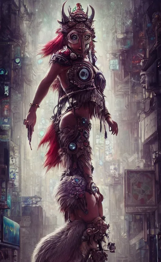 Image similar to hyper realistic Princess Mononoke, ornate mask magic, wet market street, cyberpunk metropolis, city landscape, jewels, full body pose, full moon, style of tom bagshaw, mucha, james gurney, norman rockwell, denoised, sharp