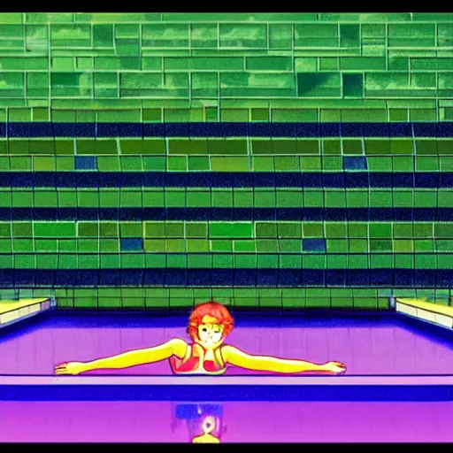 Prompt: girl swimming in an indoor pool in hungary, sprite, vaporwave nostalgia, green and white color palette, directed by beat takeshi, visual novel cg, 8 0 s anime vibe, kimagure orange road, maison ikkoku, sketch by osamu tezuka, directed by makoto shinkai and beat takeshi