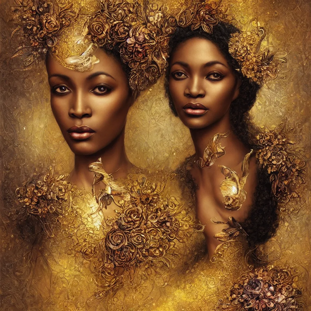 Image similar to queen, african woman, flowers, dark pastel color scheme, jugendstil background, gold filigree, by karol bak, by emil melmoth, by daniel gerhartz, intricate, highly detailed, digital painting, artstation, concept art, smooth, sharp focus, illustration