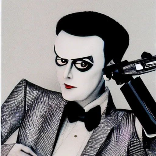 Prompt: a high quality product photo ad of klaus nomi with a technical reed rollerball pen exacto knife made in germany and japan by junji ito