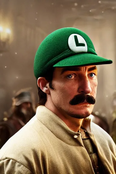 Image similar to very very intricate photorealistic photo of a realistic human version of luigi wearing his hat in an episode of game of thrones, photo is in focus with detailed atmospheric lighting, award - winning details