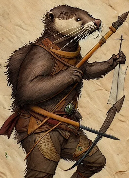 Image similar to a heroic otter scout with spear on a parchment background, redwall, greg rutowski and jean baptiste monge, detailed, epic fantasy concept art