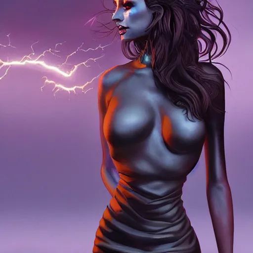 Image similar to painting of a female in a skintight dress, by dan hillier and charlie bowater and artgerm, 4 k, highly detailed, trending on artstation, volumetric lightning, highly detailed