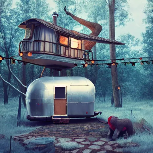 Image similar to treehouse made of a vintage airstream, fairy lights, fine art, cinematic lighting, hyperdetailed, photorealistic, high resolution, cozy!, award winning, featured in artstation, octane render