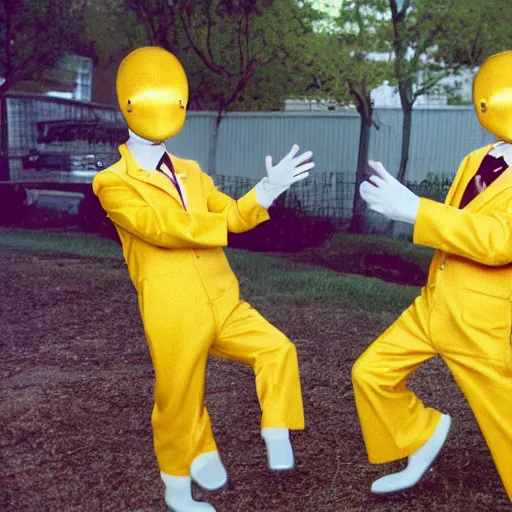 Prompt: two deformed cloned alien men brothers dressed in cheesy 80s suits. Candid photograph.