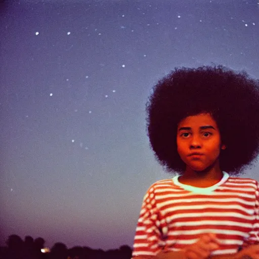 Image similar to teenager light - skin girl, afro hair, stares at the camera, night sky, stars, bruce gilden, leica s, fuji 8 0 0, grainy, low light