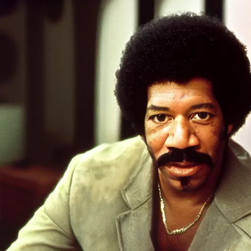Prompt: a 1970s film still of Morgan Freeman dressed as Lionel Richie, 40mm lens, shallow depth of field, back lighting