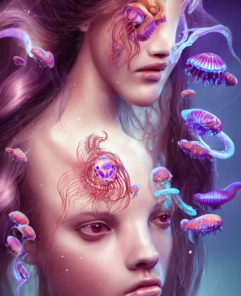 Prompt: goddess princess beautiful woman face close-up portrait ram skull. jellyfish phoenix head, nautilus, orchid, skull, betta fish, bioluminiscent creatures, intricate artwork by Tooth Wu and wlop and beeple. octane render, trending on artstation, greg rutkowski very coherent symmetrical artwork. cinematic, hyper realism, high detail, octane render, 8k