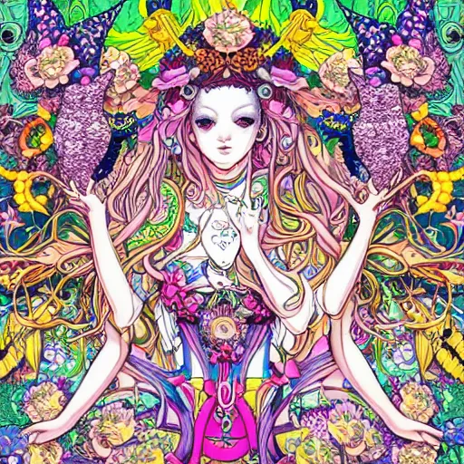Prompt: NeoPagan Goddess of Spring, inside her temple, in a blended style by Junko Mizuno, Möbius, and Peter Chung, hyper detailed, 4k photorealistic digital art, flat colors, dramatic composition, extremely fine inking lines