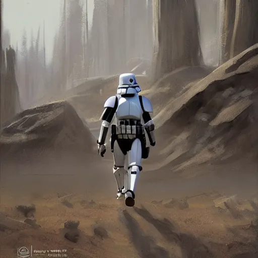 Image similar to extremely long shot of an imperial stormtrooper walking, concept art by Doug Chiang cinematic, realistic painting, high definition, concept art, the Mandalorian concept art style