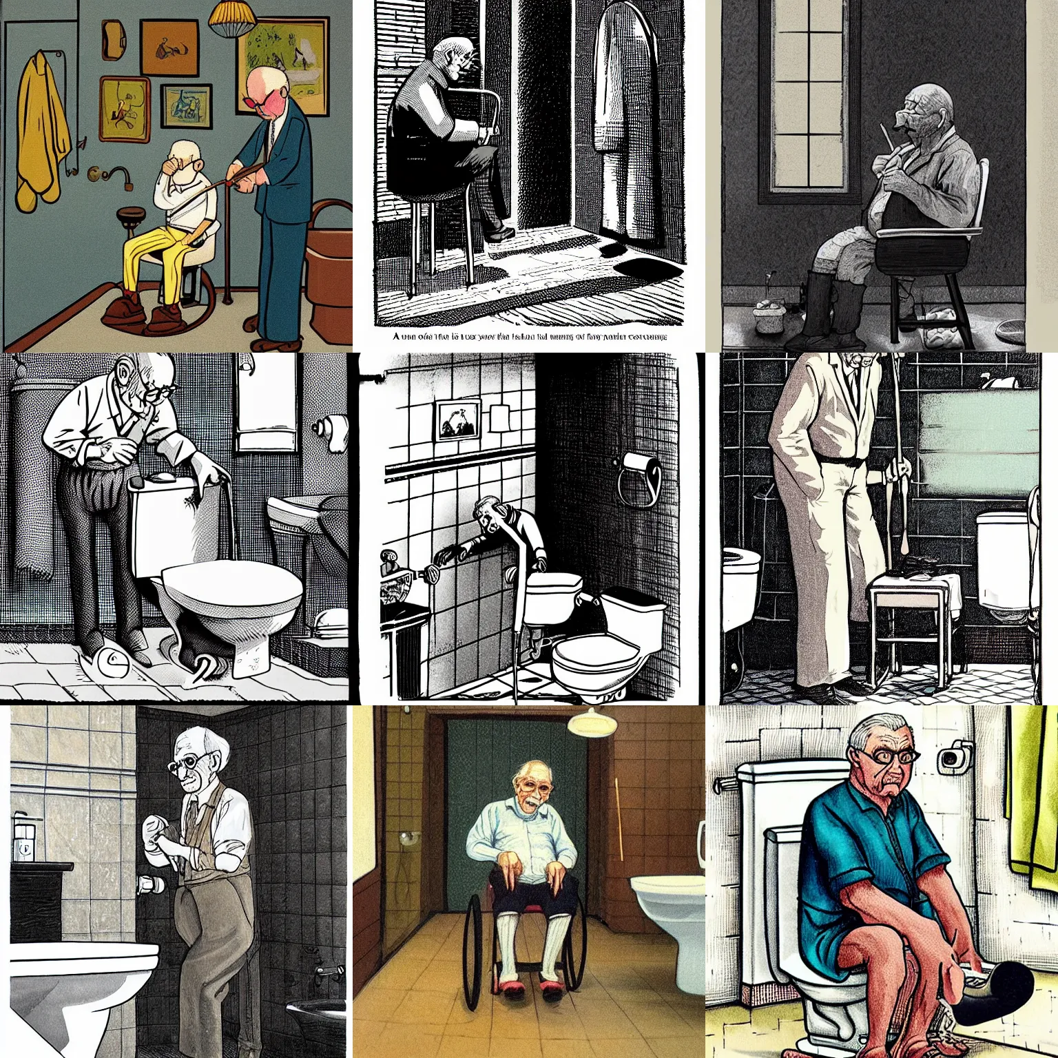 Prompt: “An old man in his 80’s with a cane falls in a toilet, illustrated by Stephen Bliss”