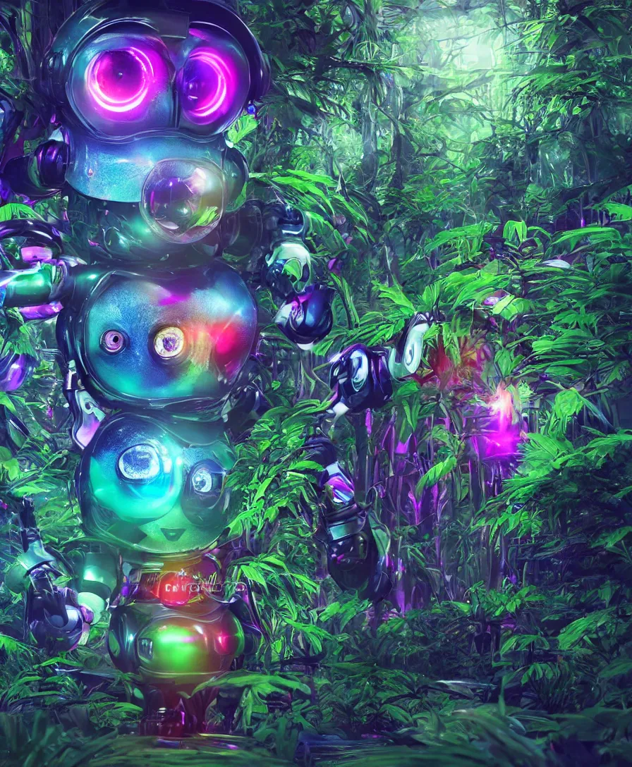 Prompt: beautiful small robot-owl in the deep jungle, with technicolor big eyes, epic bionic cyborg implants of diferent neon colors, epic, cinematic view, 8k, ultra realistic, vibrant colors, photo realism, trending artstation, octane render, volumetric lighting, high contrast, intricate, highly detailed, digital painting