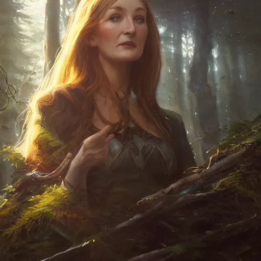 Image similar to closeup portrait of a young jane seymour as a wizard casting magic, forest background, megacity, high fantasy, dramatic light, gorgeous view, depth, high detail, digital art, painted by greg rutkowski, trending on artstation