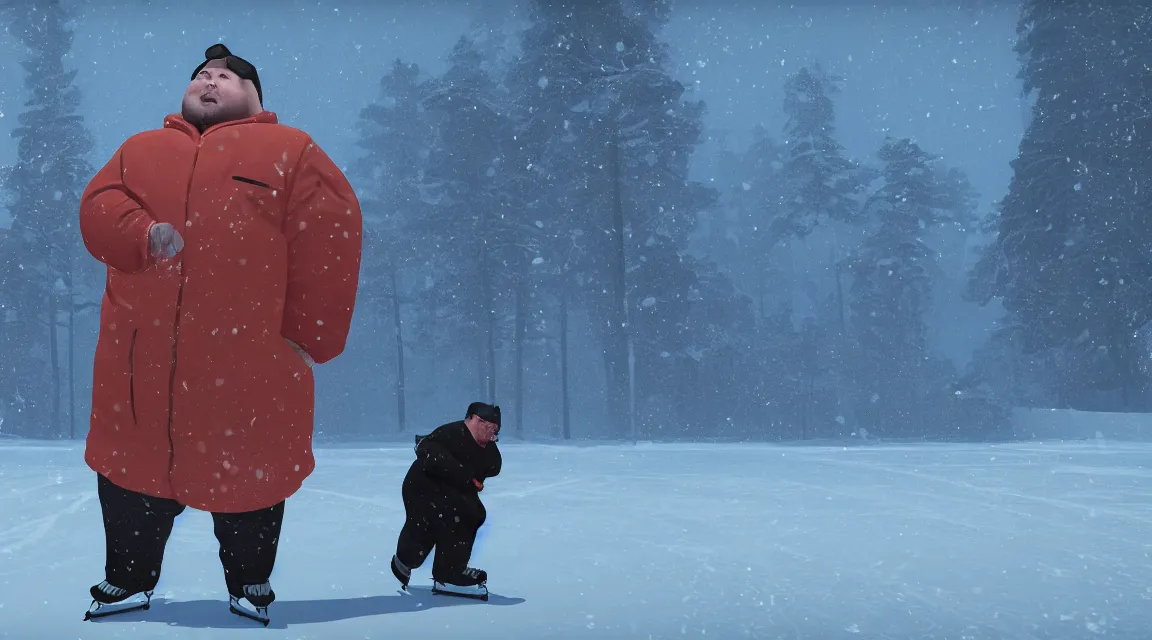 Image similar to a portrait of a fat man on the ice, using weighted vests, snowstorm, flat design, screen print by Kawase Hasui and dan hillier, 8k unreal engine