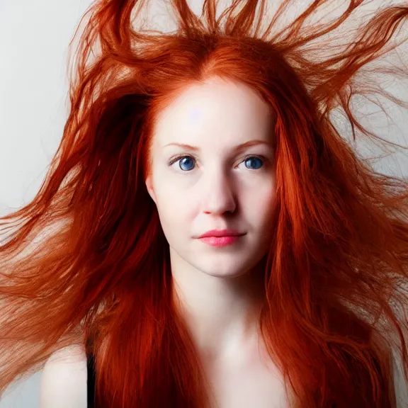 Image similar to portrait of a plain looking young white female model red hair and uneven skintone and a round shaped face