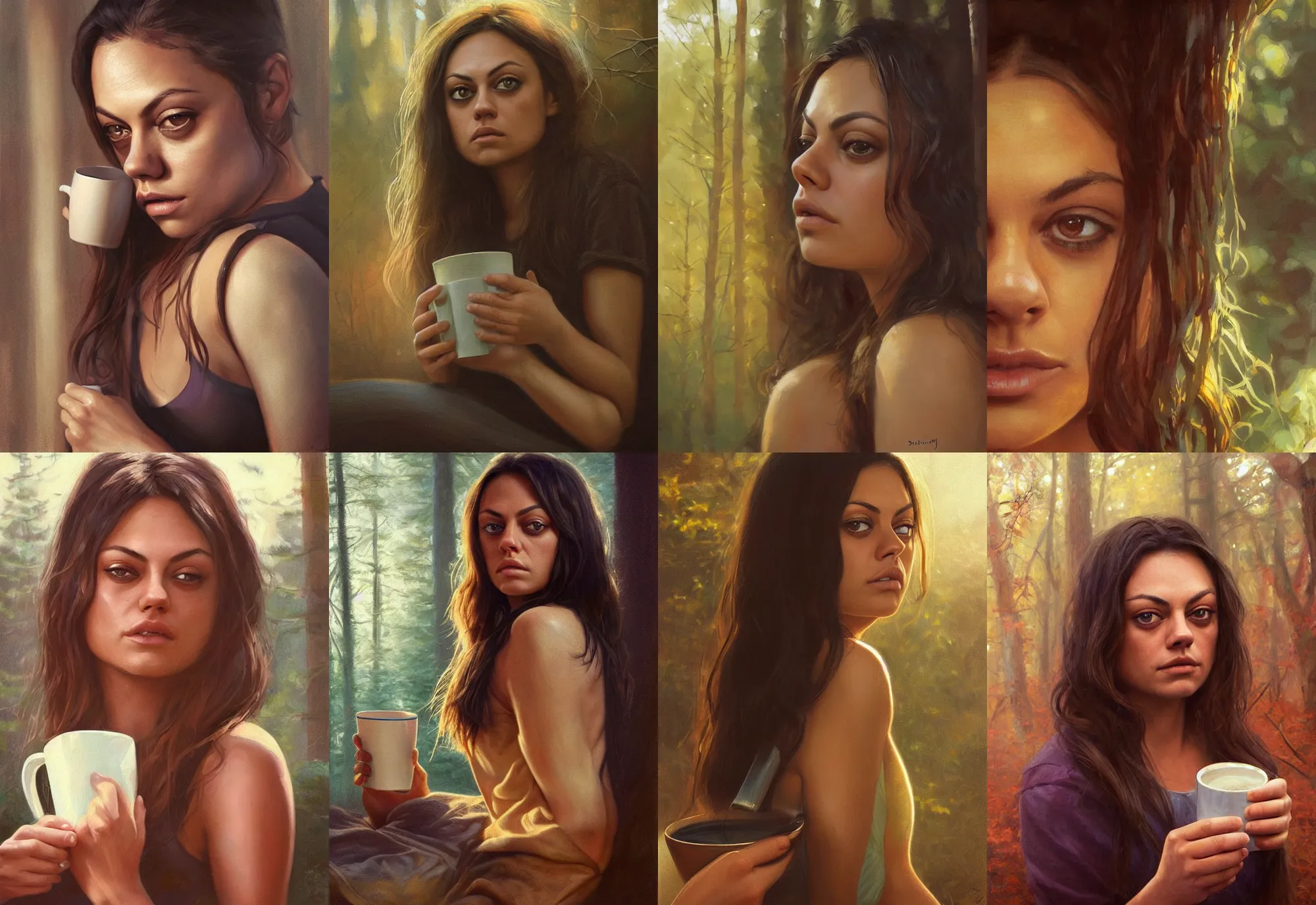 Image similar to close portrait of sleepy mila kunis waking up with coffee, dramatic light, morning golden hour, forest cabin background, 2 0 0 mm focal length, 1 9 7 0 s, painted by stanley lau, painted by greg rutkowski, painted by stanley artgerm, digital art, trending on artstation