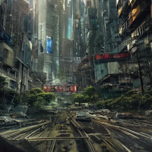 Image similar to beautiful nature reclaiming a dystopian city, cyberpunk, sharp focus, dynamic lights, still, photograph, hyper realistic, masterpiece, octane render, rendered, 3 d, cinematic, cinematic lighting, dramatic lighting, highly detailed, intricate details, texture, cinematic composition, wide shot, by donglu yu and kevin jick and eddie del rio