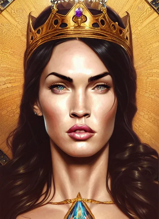 Image similar to portrait of megan fox as a queen, throne, jewelry, greek, amethyst, intricate, headshot, highly detailed, digital painting, artstation, concept art, sharp focus, cinematic lighting, illustration, art by artgerm and greg rutkowski, alphonse mucha, cgsociety