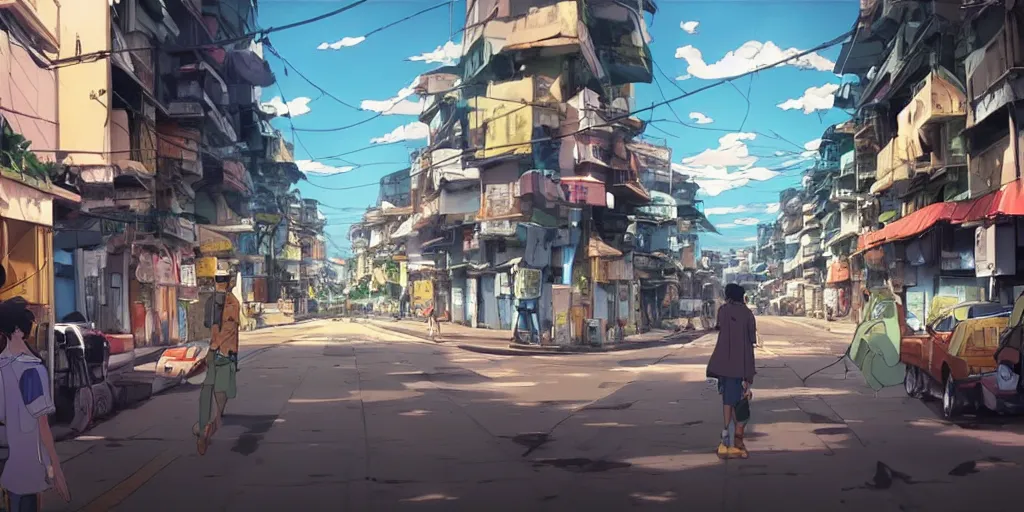 Prompt: rio de janeiro streets in an anime film, directed by makoto shinkai, street level, cinematic