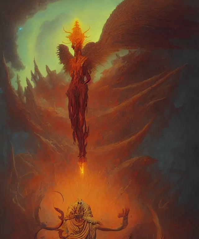 Image similar to horus, glowing fiery background, in the style of peter mohrbacher, wayne barlowe, gustav moreau, bussiere, roberto ferri, santiago caruso, luis ricardo falero, austin osman spare, colorful