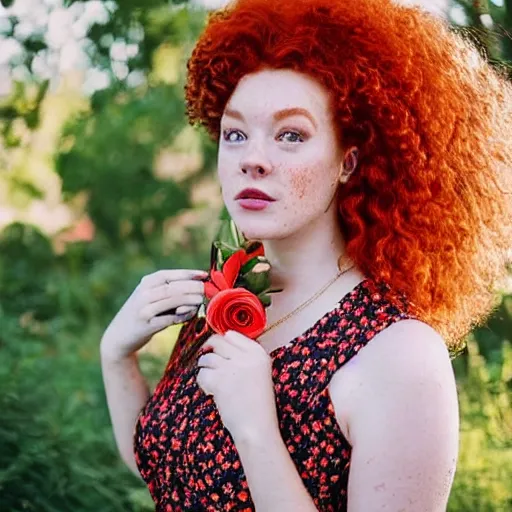 Image similar to DSLR photography of a gorgeous red haired woman with big curly hair and freckles, curvy figure wearing dress with flower print, trending on instagram