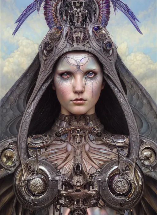 Image similar to hyper detailed masterpiece evil angel girl warrior by donato giancola and tom bagshaw, face by artgerm and edmund leighton, and h. r. giger, trending on artstation, colorful, psychedelic aesthetic, ornate, background by james jean, 8 k, biomechanical, majestic, volumetric lighting, porcelain skin, concept art, sharp focus