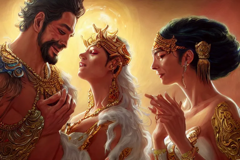 Image similar to close up moment of a divine a sun god and a moon goddess lovers magician at a wedding banquet, highly detailed, d & d, fantasy, highly detailed, digital painting, trending on artstation, concept art, sharp focus, illustration, art by artgerm and daniel gerhartz and magali villeneuve