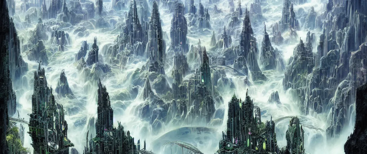 Image similar to A beautiful illustration of a futuristic city of bridges built on a world of waterfalls by Robert McCall and Ralph McQuarrier | sparth:.2 | Time white:.2 | Rodney Matthews:.2 | Graphic Novel, Visual Novel, Colored Pencil, Comic Book:.6 | unreal engine:.3 | | viewed from above | establishing shot:.7