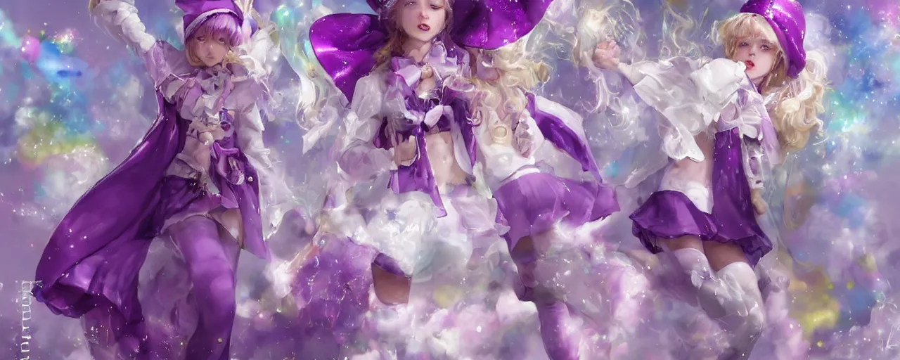 Image similar to A character sheet of a very cute magical girl with short blond hair wearing an oversized purple Beret, Purple overall shorts, Short Puffy pants made of silk, pointy jester shoes, a big scarf, and white leggings. Rainbow accessories all over. Flowing fabric. Covered in stars. Short Hair. Art byy Seb McKinnon and WLOP and Artgerm and william-adolphe bouguereau. Fashion Photography. Decora Fashion. harajuku street fashion. Kawaii Design. Intricate, elegant, Highly Detailed. Digital Art. Fantasy. Concept Art. Smooth, Sharp Focus, Illustration Photo real. realistic. Soft Lighting. 4K. UHD. Denoise.