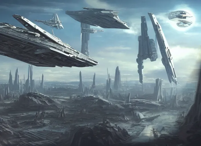 Image similar to a single large spaceship seen from the surface of a busy metropolis, star wars digital art, trending on art station