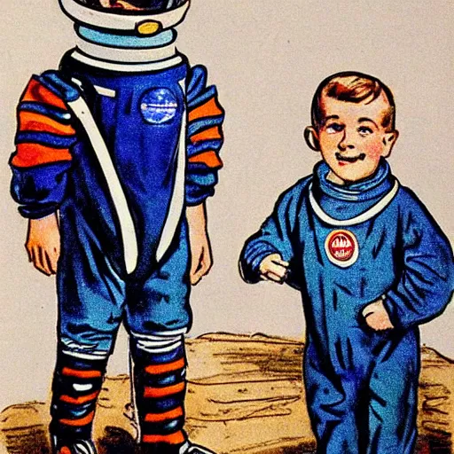 Prompt: Orville Houghton Peet and William Simpson and Jean Gautier color sketch of a boy super scientist in a retro home made astronaut suit