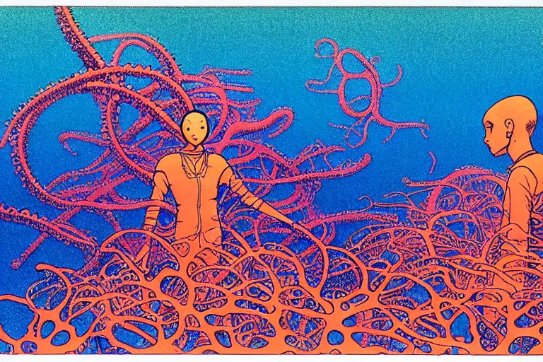 Image similar to risograph grainy drawing vintage sci - fi, satoshi kon color palette, gigantic gundam full - body covered in iridescent dead coral reef 1 9 6 0, kodak, with lot tentacles, natural colors, codex seraphinianus painting by moebius and satoshi kon and dirk dzimirsky close - up portrait