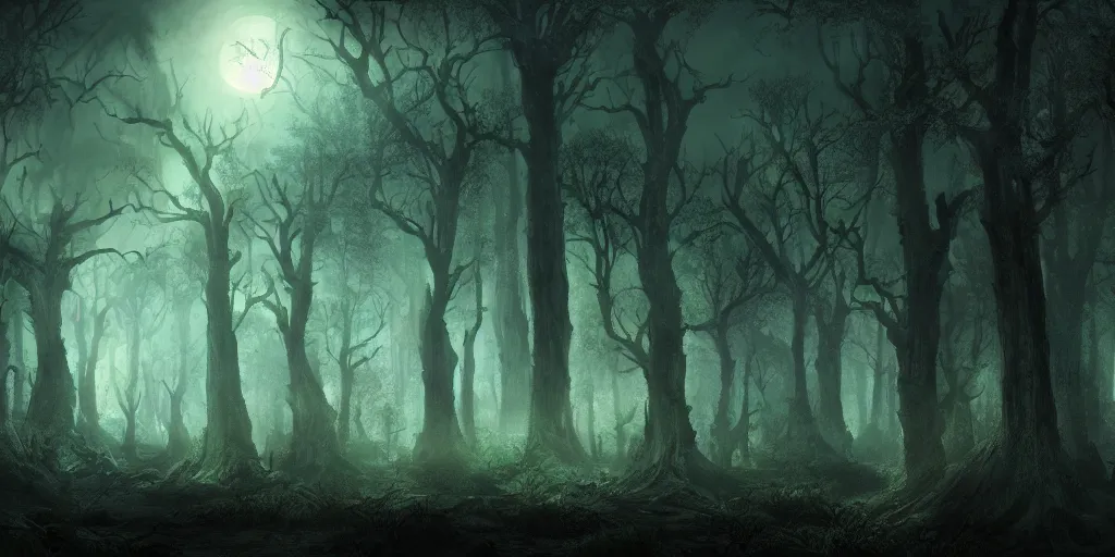 Prompt: beautiful matte painting of a fantasy dark forest at night