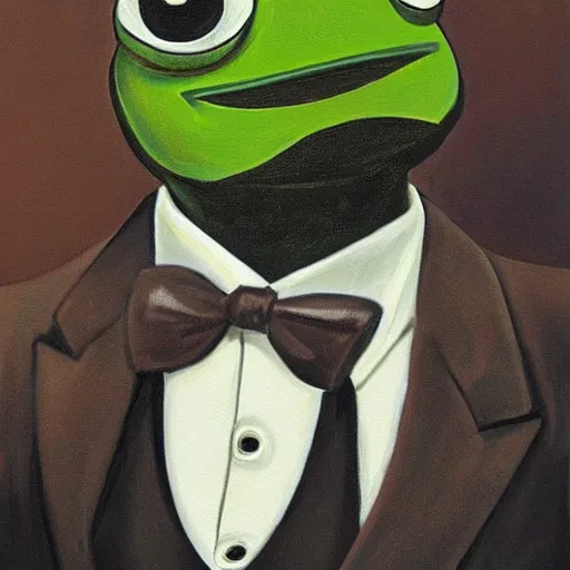 Image similar to pepe the frog in suit and tie, painting by Joseph Christian Leyendecker