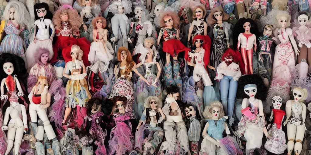 Image similar to drag queen ceramic doll collection in creepy attic