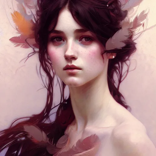 Prompt: A portrait of a girl surrounded by delicate feathers, face, intricate, elegant, highly detailed, digital painting, artstation, concept art, smooth, sharp focus, illustration, art by Krenz Cushart and Artem Demura and alphonse mucha