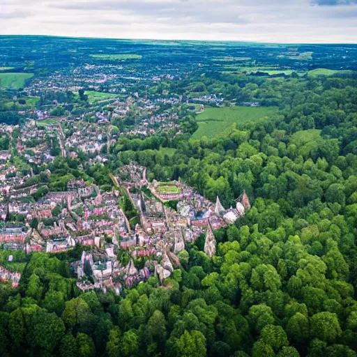 Prompt: beautiful aerial view of a small british town surrounded by a forest