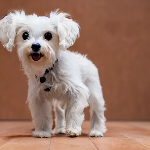 Image similar to photo of maltese puppy dog standing on hind leg begging for food, photorealistic