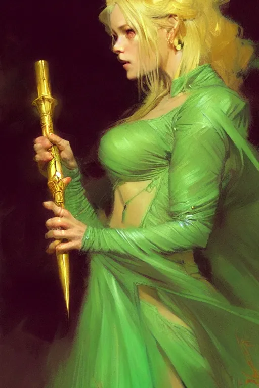 Image similar to blonde female wizard in a green dress, holding a magical sceptre, and wearing a gold ring portrait dnd, painting by gaston bussiere, craig mullins, greg rutkowski, yoji shinkawa