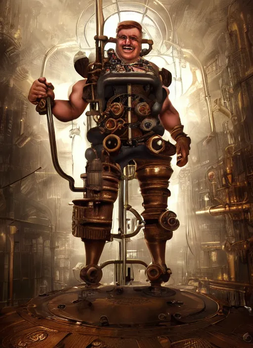 Image similar to steampunk bioshock donald trump is a muscular bodybuilder, au naturel, hyper detailed, digital art, trending in artstation, cinematic lighting, studio quality, smooth render, unreal engine 5 rendered, octane rendered, art style by klimt and nixeu and ian sprigger and wlop and krenz cushart.