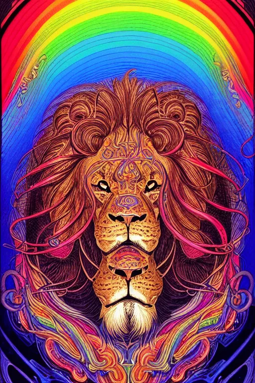 Prompt: illustration of a buff humanoid lion with prismatic healing waves emanating all around, rainbows, spirals, fractal, intricate linework, in the style of moebius, ayami kojima, 1 9 9 0's anime, retro fantasy