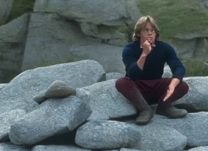 Image similar to screenshot of Luke Skywalker using the force to make rocks float around him, sitting outside on the rocky jedi temple, famous scene from the last jedi, 1980s film directed by Stanley Kubrick cinematic lighting, moody cinematography, with anamorphic lenses, crisp, detailed portrait, 4k image