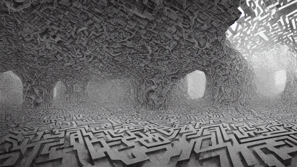 Prompt: a beautiful hyper realistic detailed matte painting of a confusing place where the perspective is a broken concept, the shape of this maze create the shape of a mad owl, dramatic lighting, dynamic lighting, cinematic lighting, dynamic lighting, cinematic lighting, lit by morning light, by maurits cornelis escher, black and white, featured on artstation, ultrawide angle