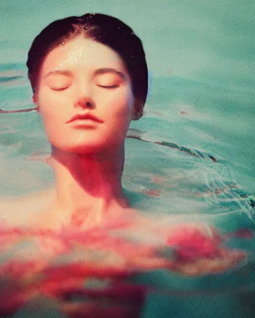 Prompt: oversaturated, burned, light leak, expired film, photo of a woman's serene face submerged in a flowery milkbath