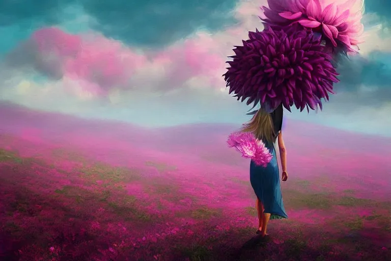 Image similar to giant dahlia flower as head, girl walking on mountain, surreal photography, pink storm clouds, dramatic light, impressionist painting, digital painting, artstation, simon stalenhag