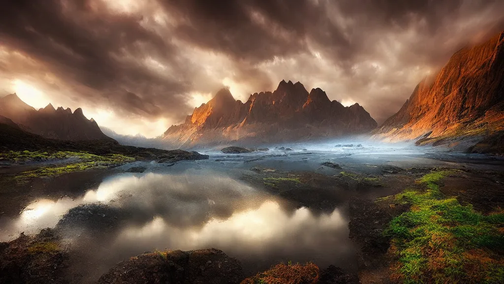 Image similar to amazing landscape photo by marc adamus, beautiful dramatic lighting