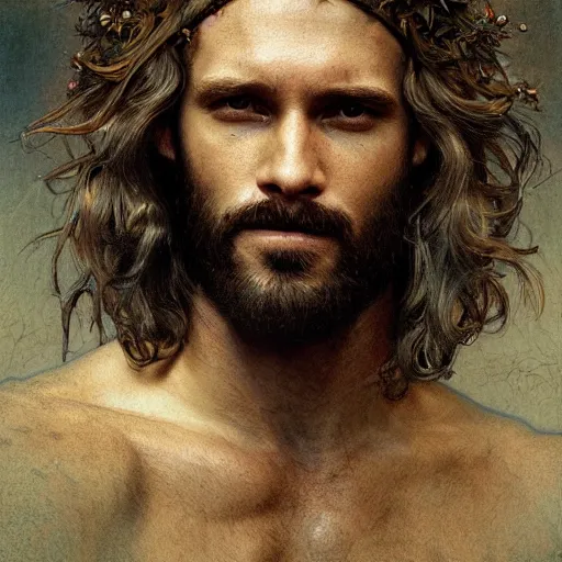 Image similar to portrait of the god of the meadow, 30 years old, meadow, flower crown, rugged, male, gorgeous, detailed face, amazing, hairy torso, muscular, intricate, highly detailed, digital painting, artstation, concept art, sharp focus, illustration, art by greg rutkowski and alphonse mucha