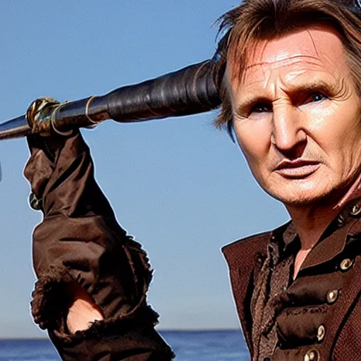 Prompt: Liam Neeson in pirate suit in a boat