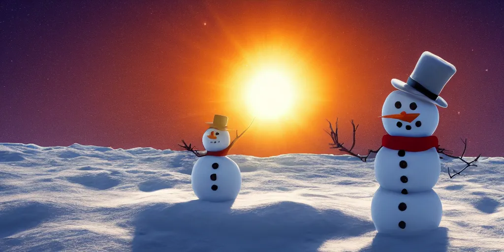 Prompt: a snowman standing on top of the sun. cinematic, dramatic, atmospheric, extremely coherent, 8 k, space